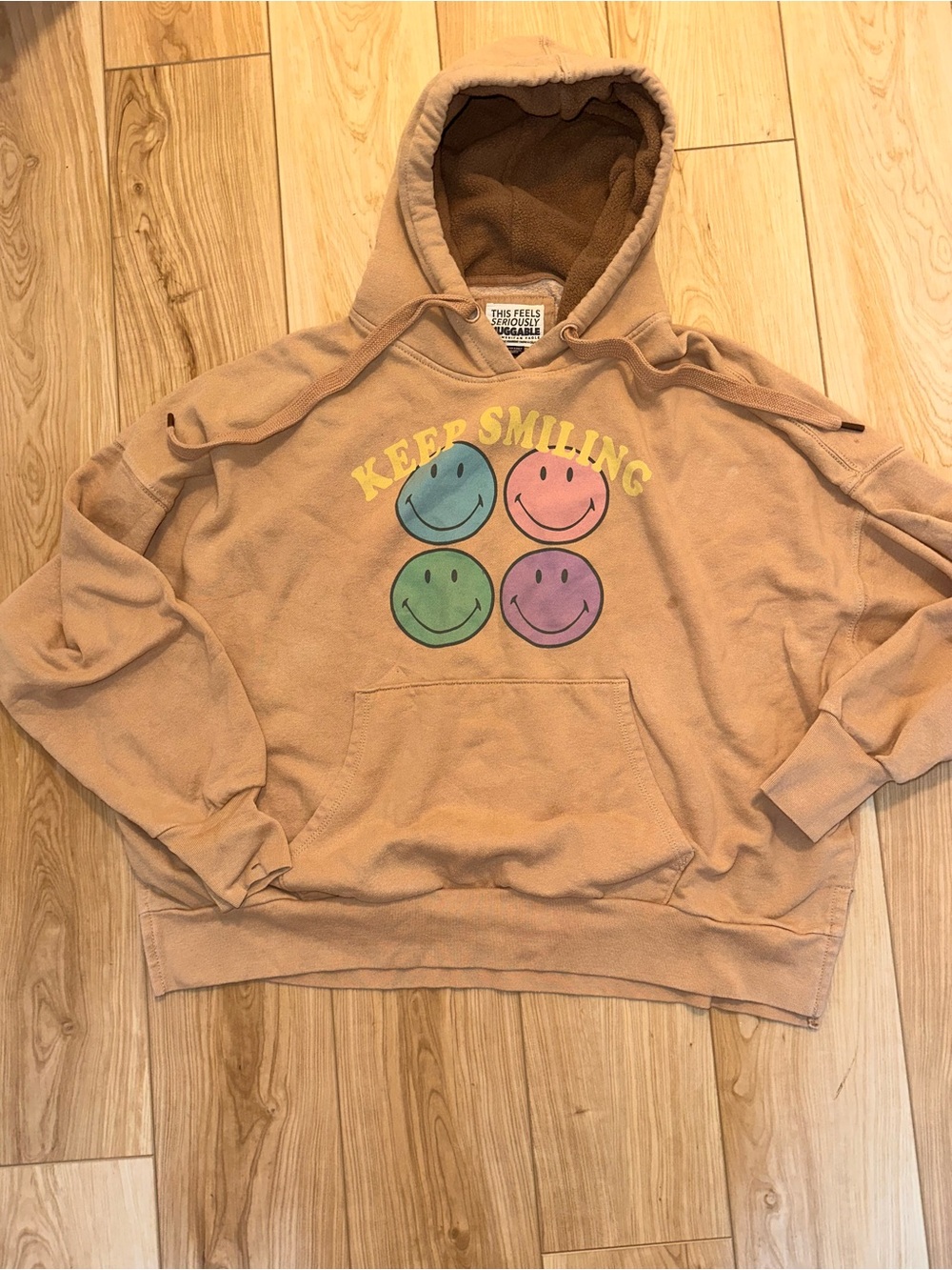 American Eagle Outfitters Tan Crewneck Hoodie with Colorful Smiley Graphic